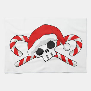Cute Santa Skull with Candy Canes Tea Towel