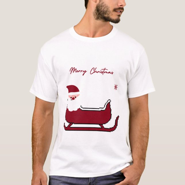 Cute Santa Sleigh Merry Christmas T-Shirt (Front)