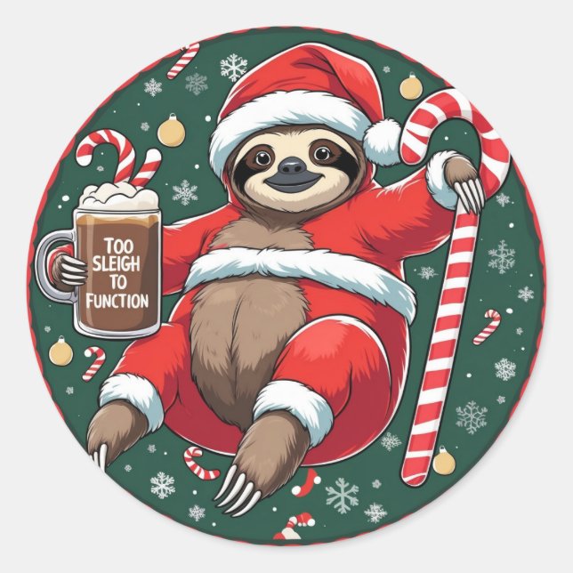 Cute Santa Sloth on Candy Cane with Hot Cocoa Classic Round Sticker (Front)