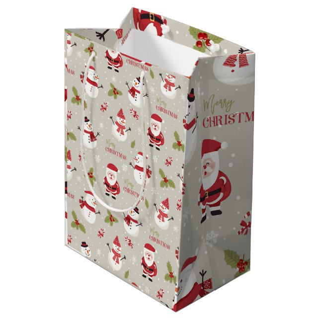 Cute Santa & Snowman Merry Christmas Pattern Medium Gift Bag (Back Angled)