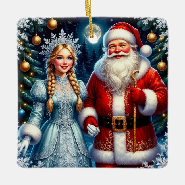 🎅 Cute Santa Snowy Christmas ❄️ Ceramic Ornament (Front)