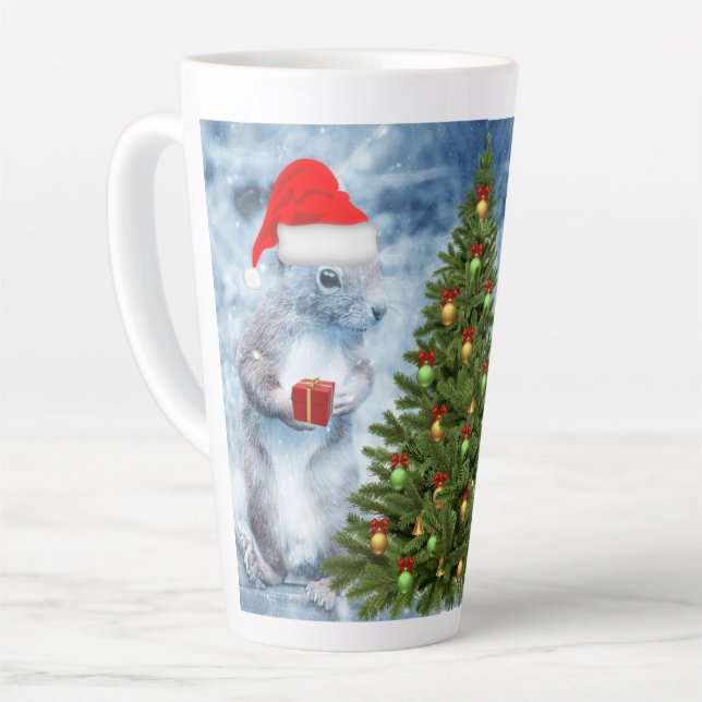 Cute Santa Squirrel with Christmas Tree Holiday  Latte Mug (Left Angle)