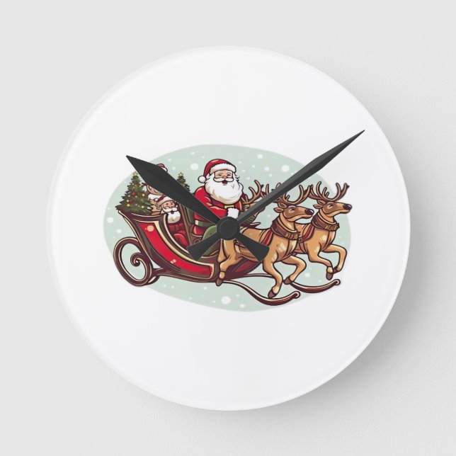 Cute Santa Traveling with Train pulled by the rein Round Clock (Front)