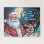 Cute Santa With Merry Christmas Reindeer Jigsaw Puzzle<br><div class="desc">Cute Santa With Merry Christmas Reindeer
Holiday Fun
Christmas Greetings
Art/illustration
colorful
customizable</div>