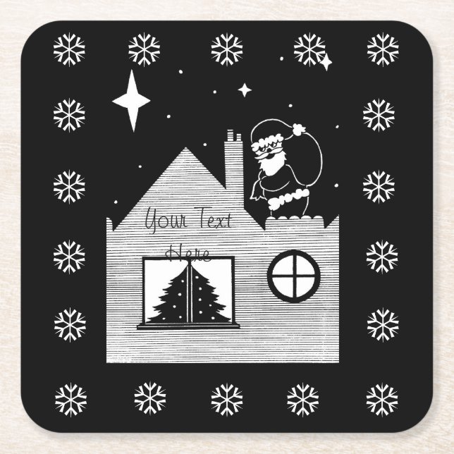cute santa with sack black and white christmas square paper coaster (Front)