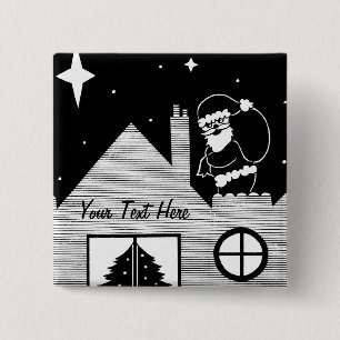Cute santa with sack on roof black and white 15 cm square badge