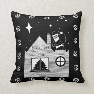Cute santa with sack on roof black and white art cushion