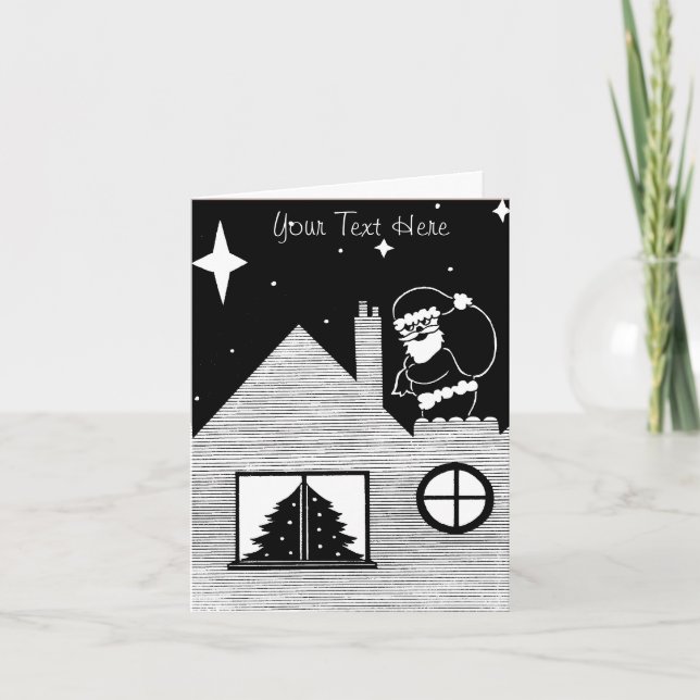 Cute santa with sack on roof black and white art holiday card (Front)