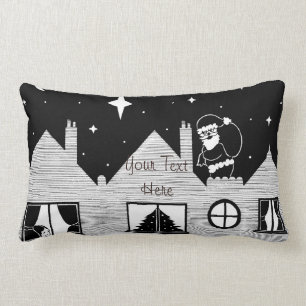 Cute santa with sack on roof black and white art lumbar cushion
