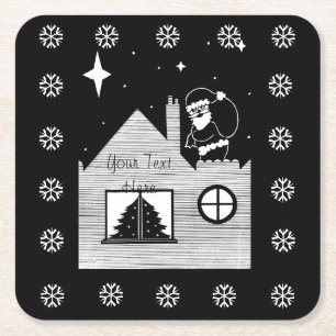 Cute santa with sack on roof black and white glass square paper coaster