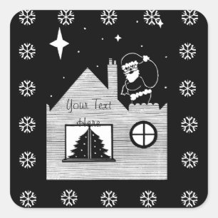 Cute santa with sack on roof black and white glass square sticker