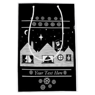 Cute santa with sack on roof black and white medium gift bag