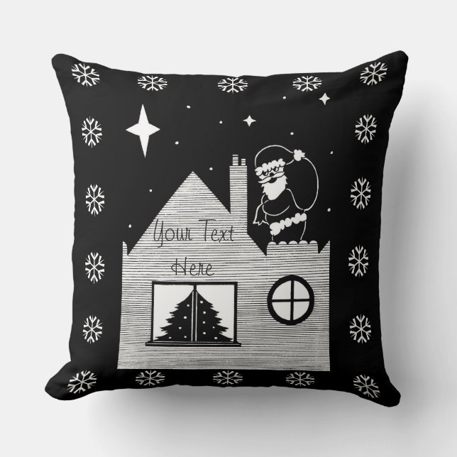 Cute santa with sack on roof monochrome christmas cushion (Front)