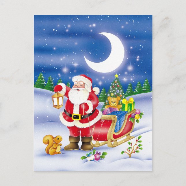 Cute Santa with sledge Holiday Postcard (Front)