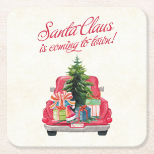 Cute Santa's Vintage Red Farm Truck Square Paper Coaster