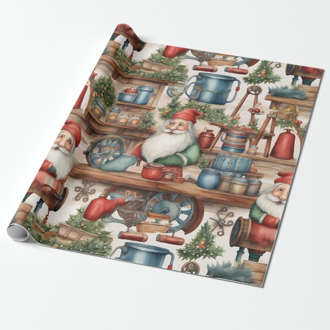 Cute Santa's Workshop Christmas Wrapping Paper (Unrolled)
