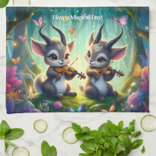 Cute Saolas Playing Violas in a Magical Forest Tea Towel