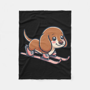 Cute Sausage Dog On Skis Alpine Snow Adventure Fleece Blanket