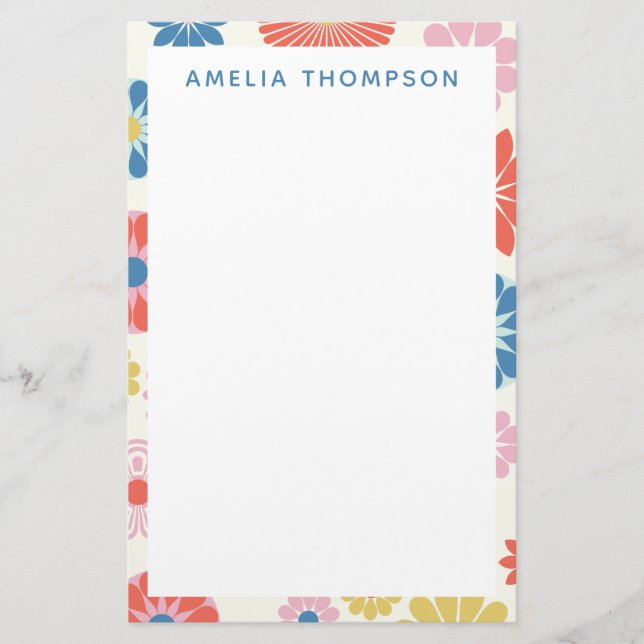 Cute Scandi Boho Folk Flower Pattern Personalised Stationery (Front)