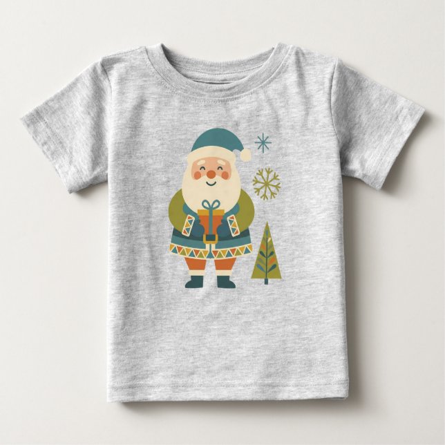 Cute Scandi Folk Art Santa with Gift Kids Holiday Baby T-Shirt (Front)