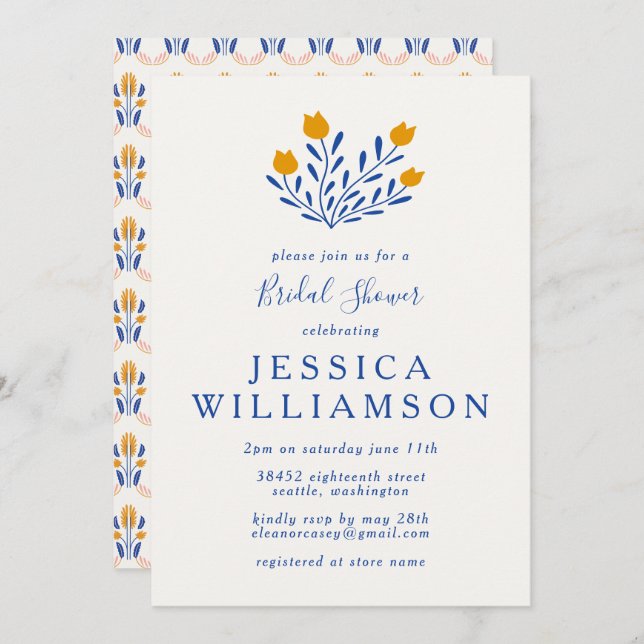 Cute Scandi Folk Flowers in Blue Bridal Shower Invitation (Front/Back)