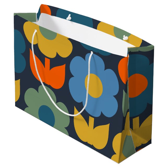 Cute Scandi Retro Modern Floral Pattern Blue Large Gift Bag (Back Angled)