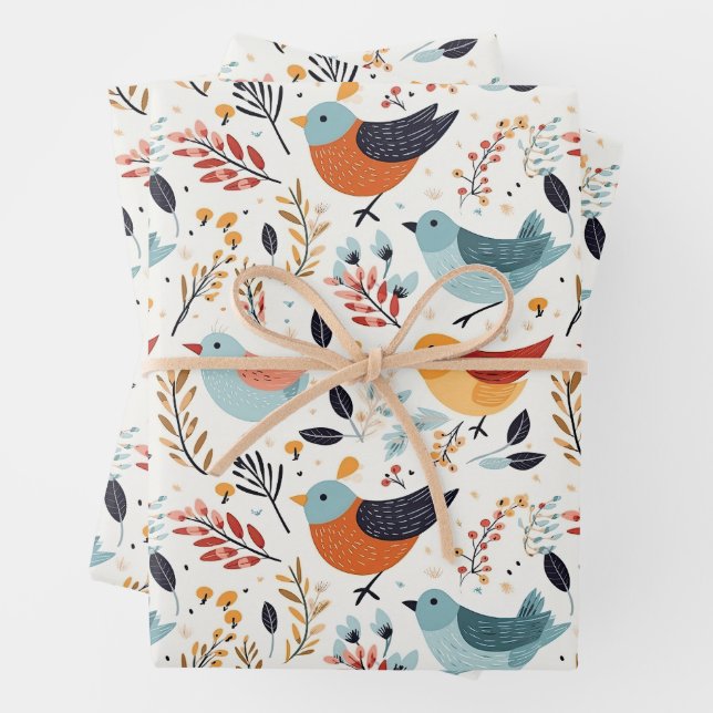 Cute Scandinavian Bird Folk Art Nature Wrapping Paper Sheet (In situ)