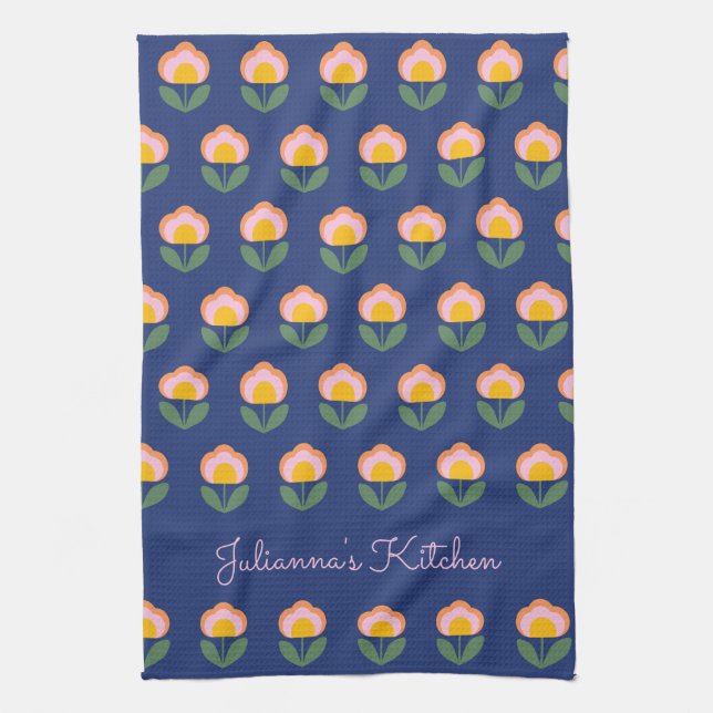 Cute Scandinavian Blue Flower Pattern Monogrammed Tea Towel (Vertical)