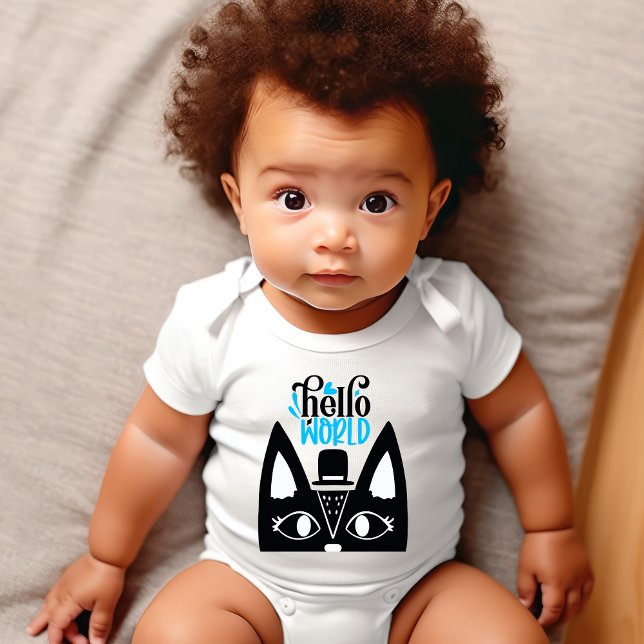 Cute Scandinavian cat with hat Hello World Baby Bodysuit (Creator Uploaded)