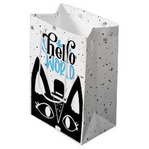 Cute Scandinavian cat with hat Hello World Medium Gift Bag