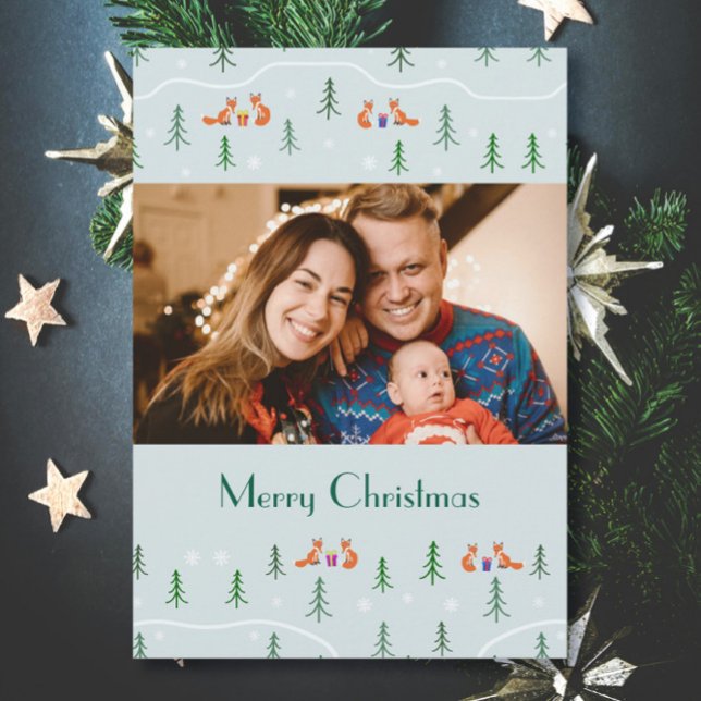 Cute Scandinavian Christmas forest photo Holiday Card (Elegant cool green Scandinavian Christmas photo card with custom text and my photo)