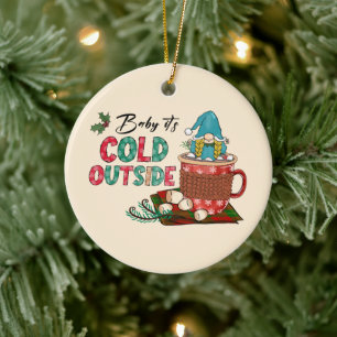 Cute Scandinavian Christmas Gnome & Hot Cocoa Ceramic Tree Decoration