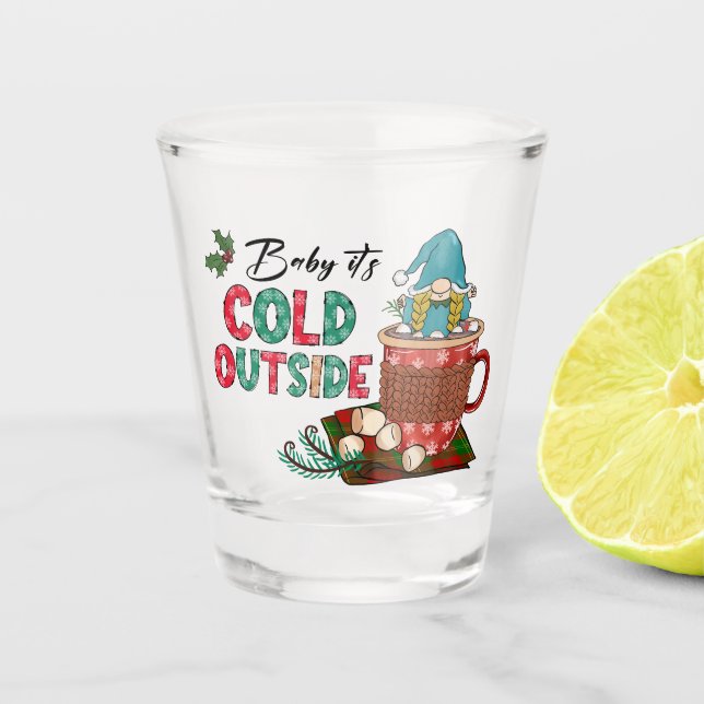 Cute Scandinavian Christmas Gnome & Hot Cocoa Shot Glass (Front)