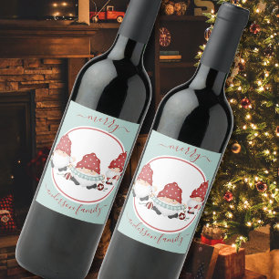 Cute Scandinavian Christmas Gnomies Wine Label