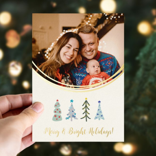Cute Scandinavian Christmas Photo real (Cute Scandinavian Christmas trees custom foil holiday card with your photo and text)