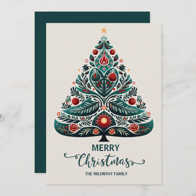 cute scandinavian christmas tree whimsical holiday card (Front/Back)