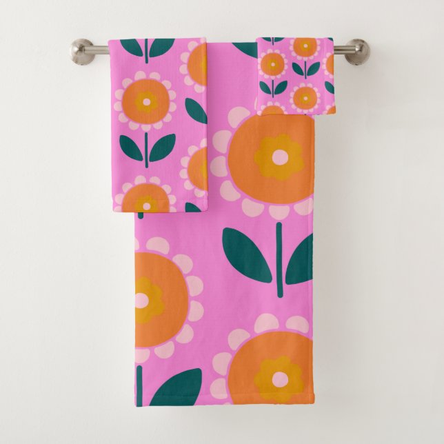Cute Scandinavian Flowers in Pink and Orange  Bath Towel Set (Insitu)