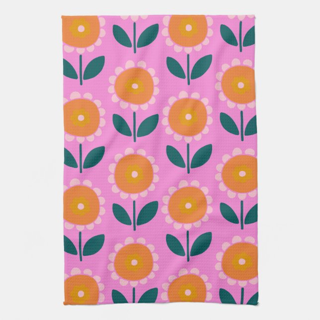 Cute Scandinavian Flowers in Pink and Orange Tea Towel (Vertical)