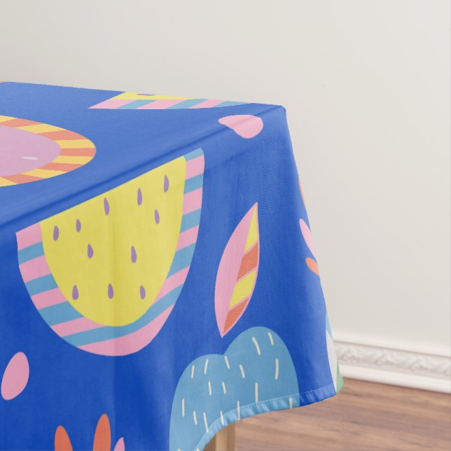 Cute Scandinavian Fruit Pattern Blue Whimsical Tablecloth (In Situ)