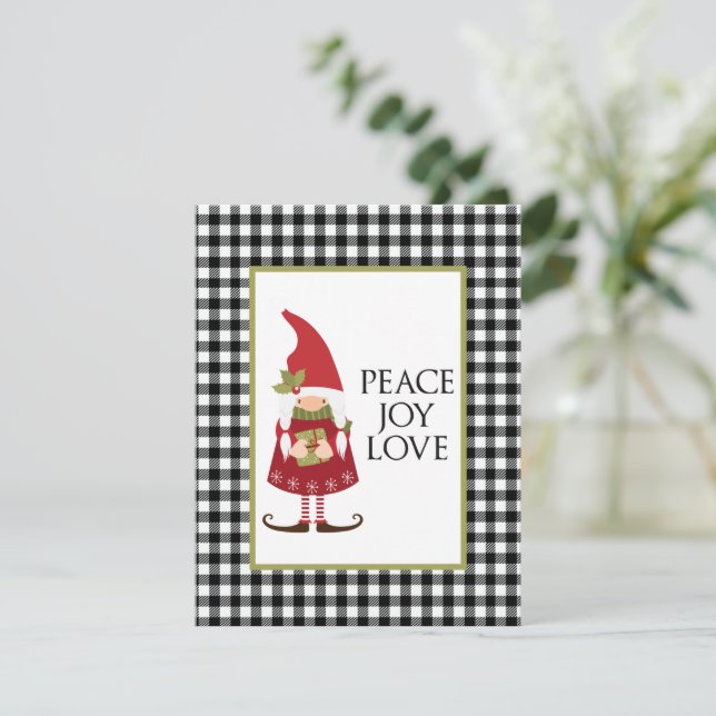 Cute Scandinavian Gnome Buffalo Plaid Holiday Card (Standing Front)