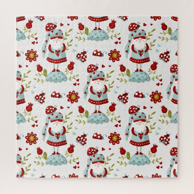 Cute Scandinavian Gnome Floral Pattern Jigsaw Puzzle (Vertical)