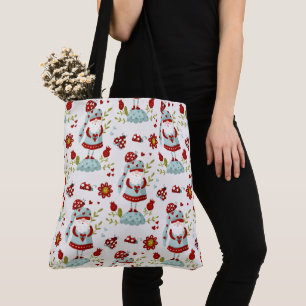Cute Scandinavian Gnome Floral Pattern Tote Bag