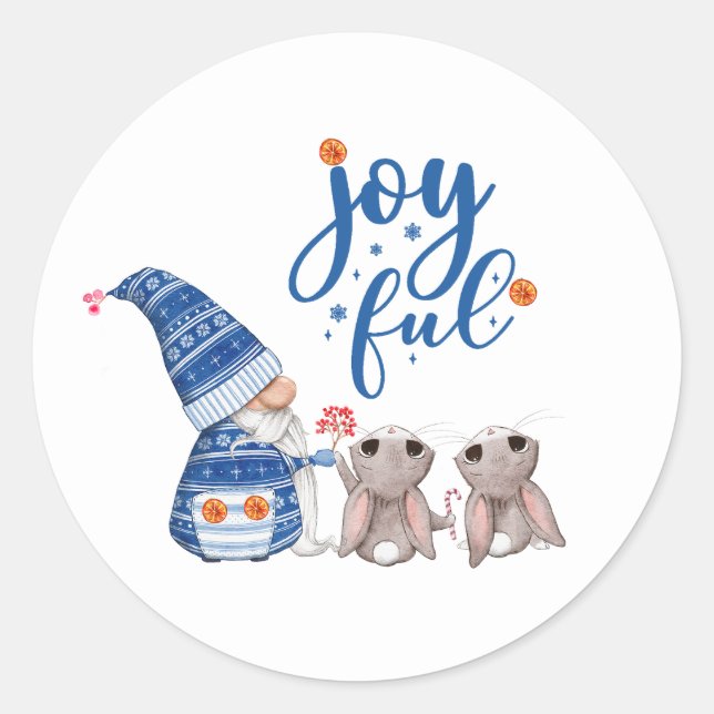 Cute Scandinavian Gnome with Bunnies Joyful  Classic Round Sticker (Front)