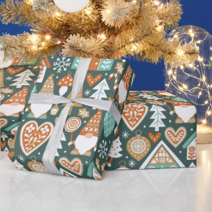Cute Scandinavian Gnomes Gingerbread Village Folk Wrapping Paper