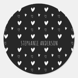 Cute Scandinavian Heart Pattern Black Personalised Classic Round Sticker