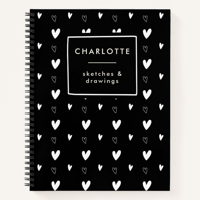 Cute Scandinavian Heart Pattern Black Personalised Notebook (Front)