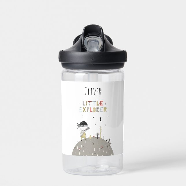 Cute Scandinavian Little Explorer Personalised Water Bottle (Front)