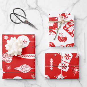 Cute Scandinavian Red and White Christmas Pattern Wrapping Paper Sheet