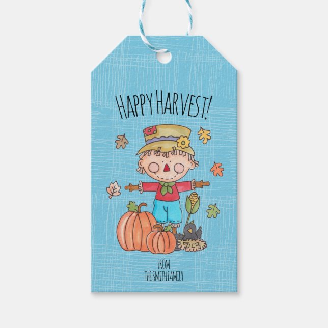 Cute Scarecrow Happy Harvest Gift Tags (Front)