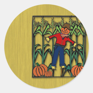 Cute Scarecrow in a Corn Field Halloween Classic Round Sticker
